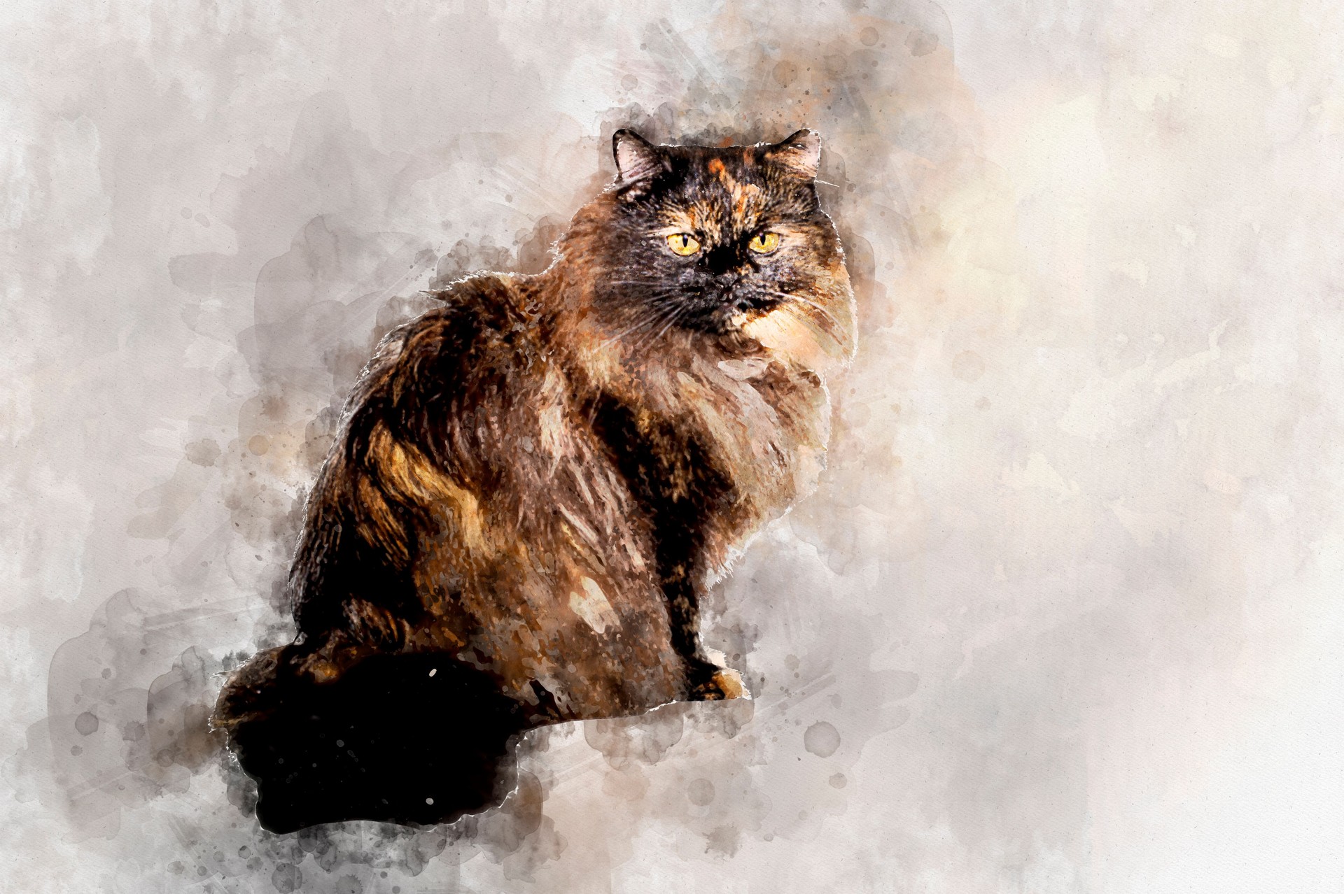 Fluffy black-haired cat sitting and looking sadly . Stylization in watercolor drawing.